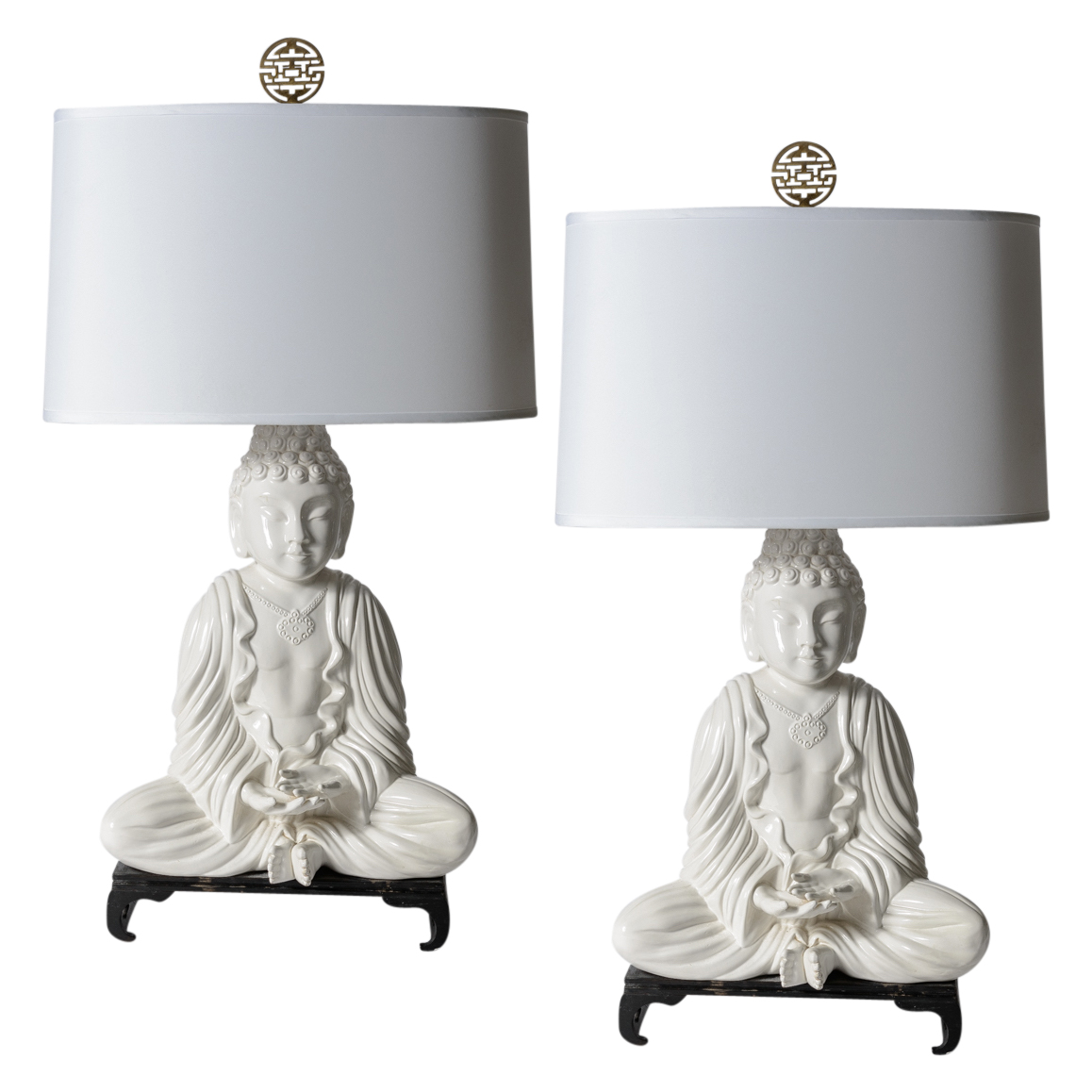 Pair of White Ceramic Buddha Lamps on Wood Stands : On Antique Row ...