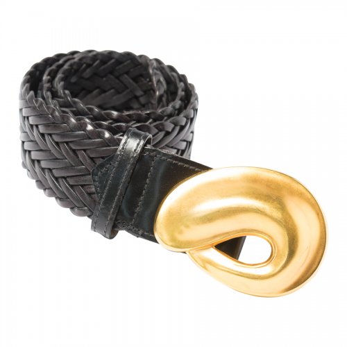 Robert Lee Morris Woven Black Leather Belt with Large Matte Gold Plate ...