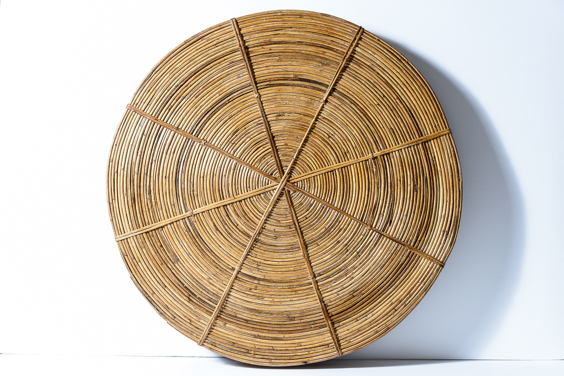 Vintage Huge Reed Bamboo & Brass Rim Tray Basket Manner of Gabriella ...